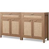 SICOTAS Sideboard Buffet Cabinet Set of 2, Rattan Credenza Storage Cabinet, Boho Buffet Table Console Cabinet with Drawer, Farmhouse Coffee Bar Cabinet for Entryway Living Room, Natural Oak