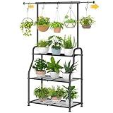 Simple Trending Plant Stand Indoor Outdoor, Heavy Duty Metal 3 Tiered Hanging Plant Shelf for Multiple Flower Planter Holder Tall Large Rack for Living Room Garden Balcony, Black