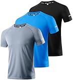 3 Packs Workout Shirts for Men - Activewear Tops Gym Shirts Dry Fit Mesh Moisture Wicking Running Fitness Short Sleeve Crewneck Sports Athletic T-Shirt Tops Black/Gray/Blue-3P02-L