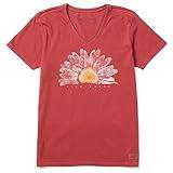 Life is Good. Women's Crusher Vee Watercolor Daisy, Faded Red