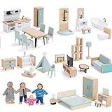 36pcs Wooden Dollhouse Furniture Set with 4 Family Dolls Wood and Plastic, 5 Rooms Blue Dollhouse Accessories Pretend Play Furniture Toys for Boys Girls & Toddlers 3Y+