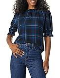 Amazon Essentials Women's Fluid Twill Short Puff Sleeve Smock Detail Shirt, Black Blue Chelsea Tartan, Small