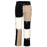 THUNDER STAR Womens Patchwork Straight Leg Jeans Mid Rise Stretch Frayed Denim Pants Black US 2-4