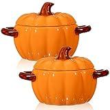 Uiifan 2 Pcs Pumpkin Bowls Ceramic Pumpkin Dish 17 oz Casserole Cookware Pumpkin Pot for Cooking Cute Pumpkin Safe Oven Pot with Lid Double Ear for Thanksgiving Autumn Fall Baking Halloween (Orange)