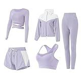 Gecdgzs 5 PCS Workout Sets for Women Yoga Running Outfit Athletic Gym Exercise Clothes Activewear Sets Tracksuit(Purple,L)