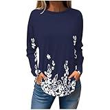 Prime of Day Deals Today 2024 Lightning Deals My Orders, Womens Long Sleeve Sweatshirts, Crew Neck T Shirts 2024 Trendy Loose Fit Tunic Tops Dressy Blouses Fall Clothes,Navy,XX-Large