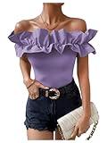 OYOANGLE Women's Ruffle Trim Off Shoulder Short Sleeve Blouse Party Tops Shirt Purple Large