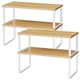 OGEMXU Cabinet Shelf Organizers, 15.7 inches Large Kitchen Counter Shelf, Set of 4 Wood Kitchen Pantry Organizer Storage Shelves for Spice Rack, Coffee Bar, Stackable & Expandable, Metal White, Nature