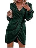 BerryGo Women's 2023 Elegant Velvet Wrap Long Balloon Sleeve Party Dresses Deep V Neck Cocktail Mini Fall Dress Emerald Green,S