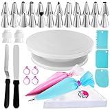 Riccle 88 pcs Cake Decorating Kit with Cake Turntable - Includes 50 Disposable + 2 Reusable Piping Bags and Tips Set, 24 Icing Piping Tips, 2 Spatulas, 3 Icing Comb Scraper, Baking Supplies