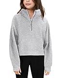 Girls' Hoodies Sweatshirts Half Zipper Pullover Crop Tops for Teen Girls Long Sleeve Sweater Thumb Hole Grey