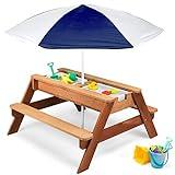 Best Choice Products Kids 3-in-1 Sand & Water Table, Wood Outdoor Convertible Picnic Table w/Umbrella, 2 Trays, Removable Top - Navy