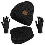 3 Pieces Winter Beanie Hat Scarf Touch Screen Gloves Set Thick Warm Knit Skull Cap Fleece Lined Scarves Gifts for Women,Black