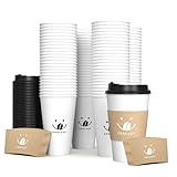 100 Pack 12 Ounce Disposable Coffee Cups with Lids and Sleeves, To Go Coffee Cups with Lids, Paper Hot Coffee Cups for Hot, Cold Beverage (White, 12 Ounce)