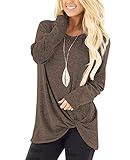 SHIBEVER Long Sleeve Women Tops: Fall Casual Tunic Shirts for Womens Round Neck Twist Knotted Tee Blouses Coffee S