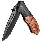 KEXMO Pocket Knife for Men - 3.46" Sharp Blade Wood Handle Pocket Folding Knives with Clip, Glass Breaker - EDC Knives for Survival Camping Fishing Hiking Hunting Women, Black