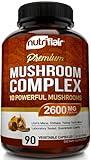 NutriFlair Mushroom Supplement 2600mg, 90 Capsules - 10 Mushrooms Blend - Reishi, Lions Mane, Cordyceps, Chaga, Turkey Tail, Maitake, Shiitake, Oyster Nootropic Complex - Brain, Energy, Focus Pills