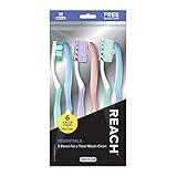 Reach Essentials Toothbrush with Toothbrush Covers, Multi-Angled Medium Bristles, Contoured Handle, Tongue Scraper, 6 Count