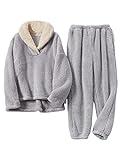 UANEO Fluffy Pajamas for Women Winter Warm Sherpa Fleece Loungewear Pajama Sets (Grey-M)