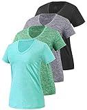 Xelky 3-4 Pack Women's V Neck Tshirt Short Sleeve Moisture Wicking Athletic Shirts Sport Activewear Fitness Workout Gym Tops 4Black/Gray/Cyan/Green L