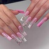 IMRAIN Press on Nails Long Square Fake Nails Pink French Tips Rhinestone & Flower Acrylic Nails Glossy Glue on Nails Full Cover Stick on Gel Nails for Women 24Pcs