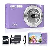 Digital Camera for Teens, FHD 4K 44MP Digital Camera Purple with 64GB SD Card 16X Digital Zoom, Cameras for Photography Compact Point and Shoot Camera for Teen Boys Girls Kids Camera Digital Purple