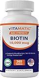 Vitamatic Biotin 10,000 mcg (10 mg) for Stronger Hair, Skin & Nails - 365 Vegan Tablets- Also Called Vitamin B7