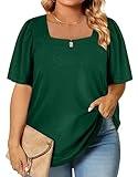 Eytino Womens Plus Size Casual Square Neck Puff Sleeve Tops Summer Loose Fit Tee Shirts,5X Green