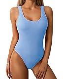 Limeeke Women One Piece Swimsuit Solid Ribbed Monokini Swimwear Scoop Neck Low Back Bathing Suit Sky Blue M