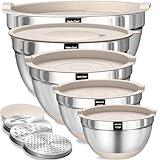 Umite Chef Mixing Bowls with Airtight Lids Set, 8PCS Stainless Steel Khaki Nesting Bowls with Grater Attachments, Kitchen Bowls with Non-Slip Bottoms, Size 5, 4, 3.5, 2, 1.5QT for Mixing & Serving