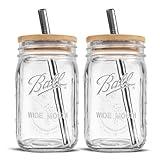 Reusable Boba Glass Cups With Lids and Straws - (2 Pack) - Ball Wide Mouth 32 oz Mason Drinking Jars with Reusable Bamboo Lids & Stainless Steel Straws for Iced Coffee, Smoothie, Milkshake, Tea