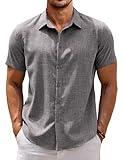 COOFANDY Mens Casual Dress Shirt Short Sleeve Button Up Linen Shirt Summer Clothes Dark Gray