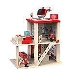 BBtinker Wooden Fire Station Playset, Multicolor 3-Level Pretend Play Dollhouse with Figures, Truck, Helicopter and Accessories, Preschool Learning Educational Toys for Toddlers Kids Age 3 and up