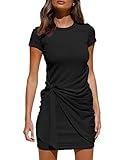 LILLUSORY Women's Casual Short Sleeve Dress T Shirt Bodycon Wrap Ruched Tie Waist Mini Summer Night Out Dress Black S