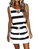 SAUKOLE Womens Summer Sleeveless Striped T Shirt Dress Casual Crew Neck Elastic Waist Belt Cute Floral Print Short Mini Dresses with Pockets