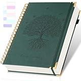 Spiral Notebook, College Ruled Notebook, A5, 300 Pages Leather Journals for Writing, 5.7" x 8.5" Hardcover Journaling Notebooks for Work School, 24pcs Tabs, Large Embossed Journal for Women Men, Green