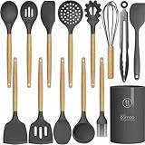 14 Pcs Silicone Cooking Utensils Kitchen Utensil Set - 446°F Heat Resistant,Turner Tongs, Spatula, Spoon, Brush, Whisk, Wooden Handle Gray Gadgets with Holder for Nonstick Cookware (BPA Free)