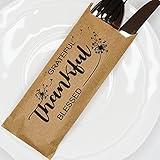 Thankful Grateful and Blessed Silverware Bags - Utensil Holders For Thanksgiving Table Decoration - Rustic Kitchen Decor - Autumn Harvest Decorations - Pocket Sleeves - Flat 2.8" x 7.5" - Pack of 50