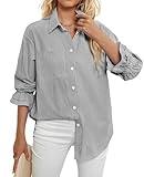 WHO IN SHOP Women's Striped Button Down Shirts Smocked Cuffed Boyfriend Shirt Long Sleeve Blouse Top with 3 Pockets Black and White L