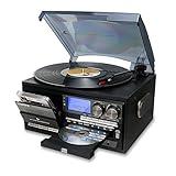 LoopTone Vinyl Record Player 10 in 1 3 Speed Bluetooth Vintage Turntable CD Cassette Player AM/FM Radio USB Recorder Aux-in RCA Line-Out (Black-Grey)