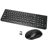 Wireless Keyboard and Mouse Combo, Retro Typewriter Wireless Keyboard with Round Keycaps, 2.4GHz Full-Size USB Cute Wireless Keyboard Mouse for Computer, Desktop, Laptop and Computer (Pure Black)