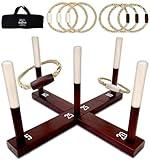 SWOOC Games - Rustic Ring Toss Outdoor Game (All Weather) - 15+ Games Included - Vintage Wood & Rope Ring Toss Yard Game with Wide Grip Handles and Carrying Case - Yard Toss Game for Kids & Family