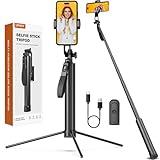 72-inch Metal Tripod and Selfie Stick for Cell Phone and Camera, Portable Travel Tripod Stand, Rechargeable Remote, 360° Rotation, Compatible with iPhone & Android and Camera, Black