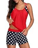 Yonique Two Piece Tankini Bathing Suits T-Back Blouson Swim Tops with Boy Shorts Women Swimsuits Sporty Swimwear Red and Dot XL