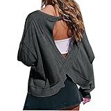 Wirziis Open Back Workout Tops for Women Oversized Long Sleeve Athletic T-Shirt Baggy Backless Crop Gym Running Yoga Tops Black