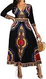 Sexy Dashiki Dress for Women V Neck Long Sleeve Casual Long Maxi African Print Dresses Traditional Tribal Black