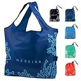 Nereiva 5 Pack 55 Pound Reusable Grocery Bags with attached pouch, Large Capacity, Durable, Washable, Foldable into a Small Pouch, Easy Shoulder or Hand Carry with handles, Stylish Shopping bag