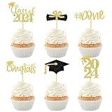 24Pcs Glitter Graduation Cupcake Toppers 2024 Gold Cupcake Picks for Graduation Theme Decorations Class of 2024 No DIY Need