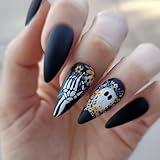 24Pcs Halloween Press on Nails Medium Almond Fake Nails with Scary Flower Ghost Gothic Finger Bone Designs False Nails Black Matte Glossy Artificial Full Cover Glue on Nails Acrylic Nails for Women