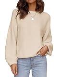 ZESICA Women's 2024 Crew Neck Long Lantern Sleeve Casual Loose Ribbed Knit Solid Soft Pullover Sweater Tops,Apricot,Small